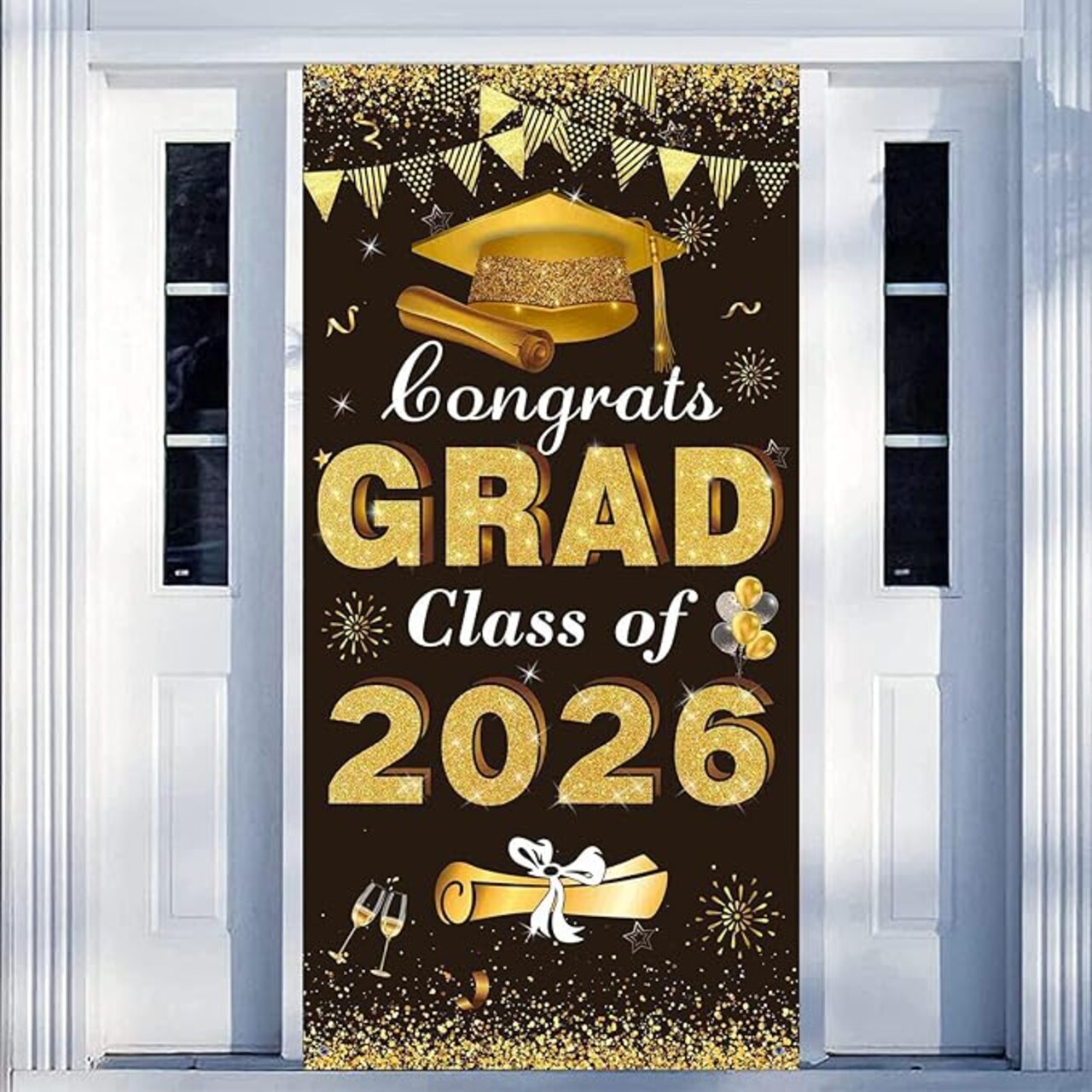 Class of 2026 Graduation Door Cover - Black & Gold Congrats Grad Backdrop - Extra Large Fabric Front Door Banner - Hanging Porch Sign Decor for Indoor & Outdoor 2026 Party Supplies